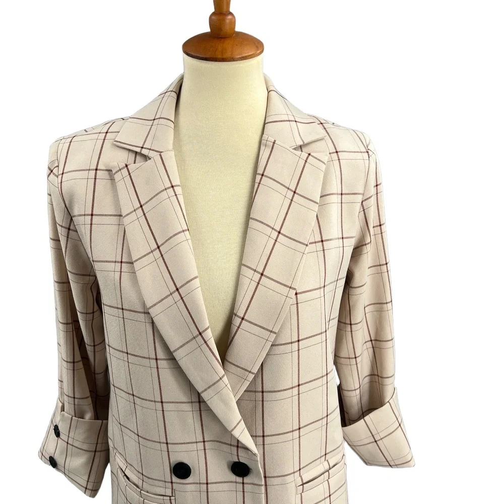 Women’s Plaid Double Breasted Blazer Jacket Beige Brown Check Size M Unbranded - Picture 2 of 5